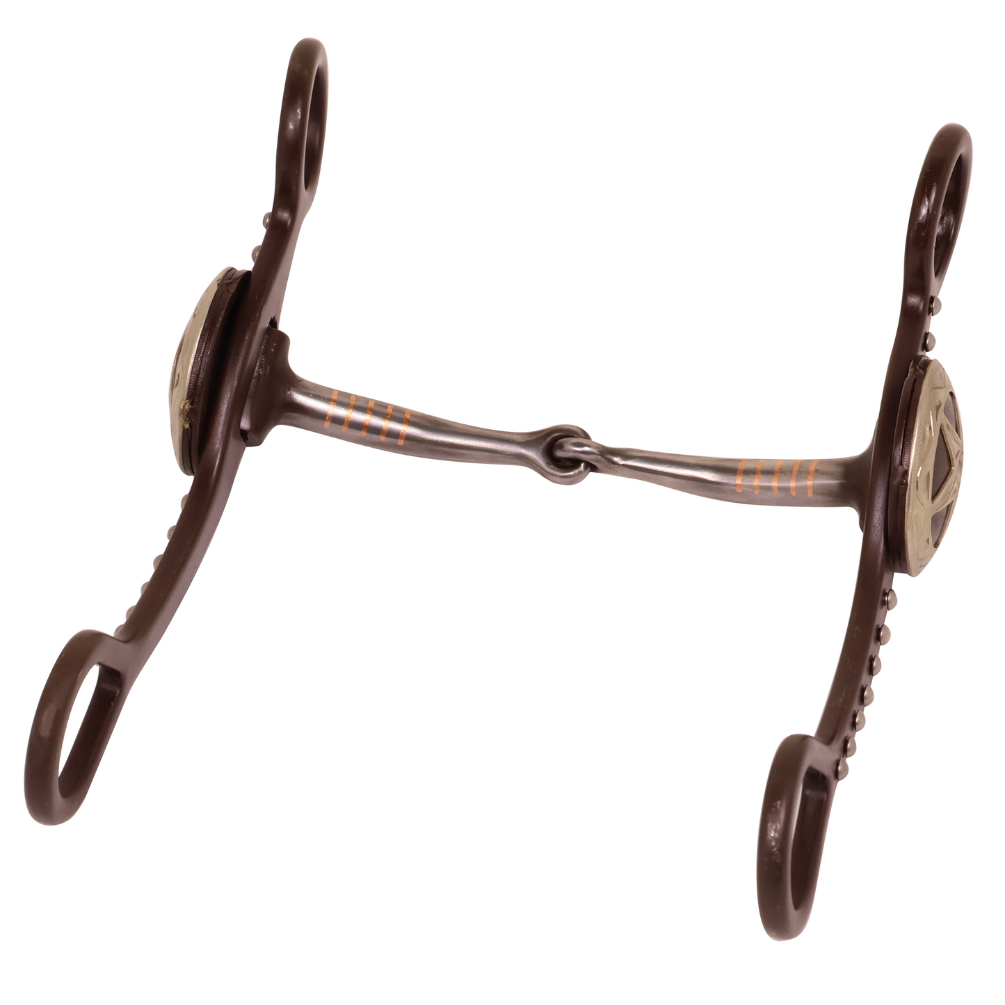 Freno BridonSNAFFLE MOUTH W/COPPER INLAY,7- 1/2" CHEEKS W/SILVER STAR CONCHO AND DOTS. M.S.5"