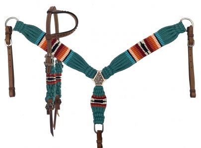 Set Showman de cordón: cabezada de una oreja y pechera – Teal, naranja y rojo