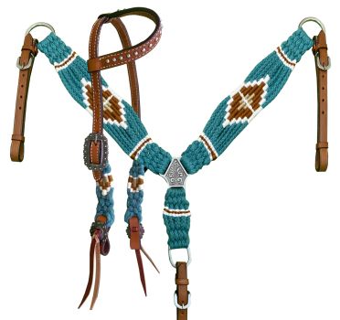Set Showman de cordón tamaño pony: cabezada de una oreja y pechera – Teal y café